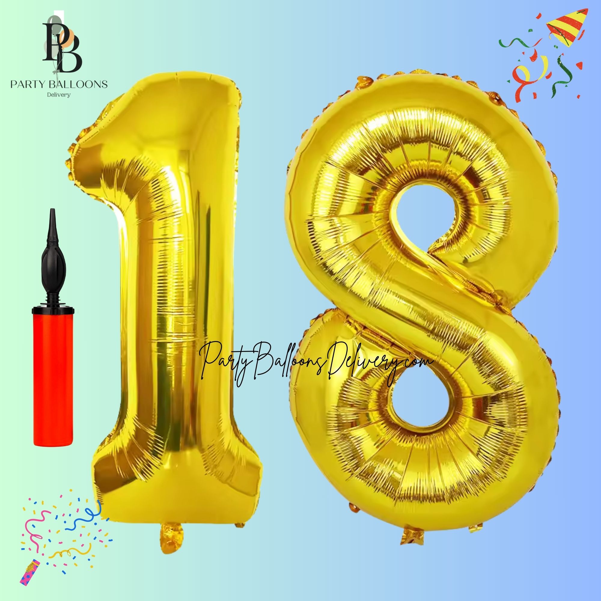 32″ Gold Number 18 Balloon With Pump
