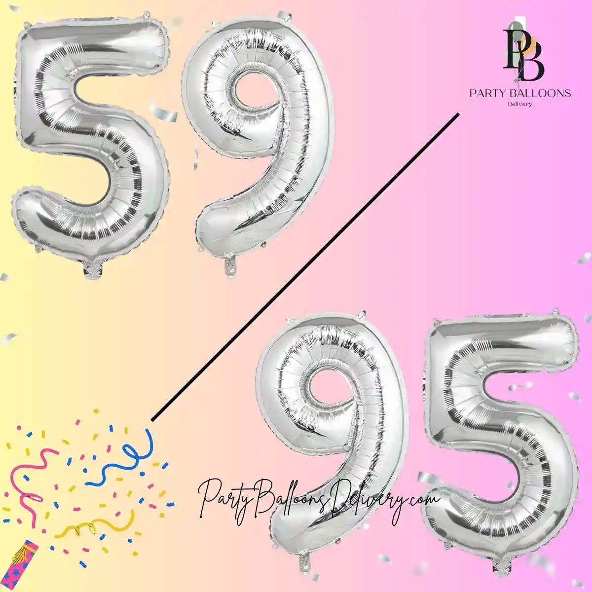 32 Inch Big Silver Large Number 59/95 Mylar _ Foil Balloon For Helium & Air Filled Premium Self-Seal Balloons, For Birthday, Anniversary, Graduation, Or Any Milestone Party Decoration PARTY BALLOONS DELIVERY